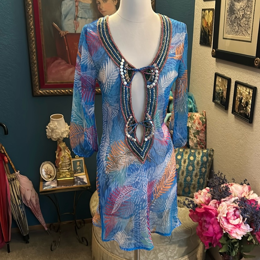 Sheer Blue Tropical Print Hand Beaded Beach Coverup by Solitaire S/M